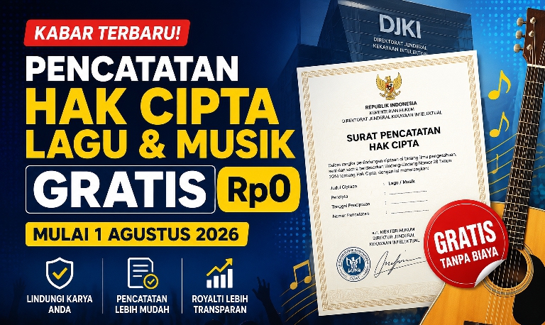 Pencatatan Hak Cipta Lagu Gratis Mulai 1 Agustus 2026, Kabar Baik bagi Musisi Indonesia